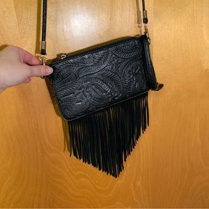 Free People Hand Tooled Fringe Crossbody Clutch Purse